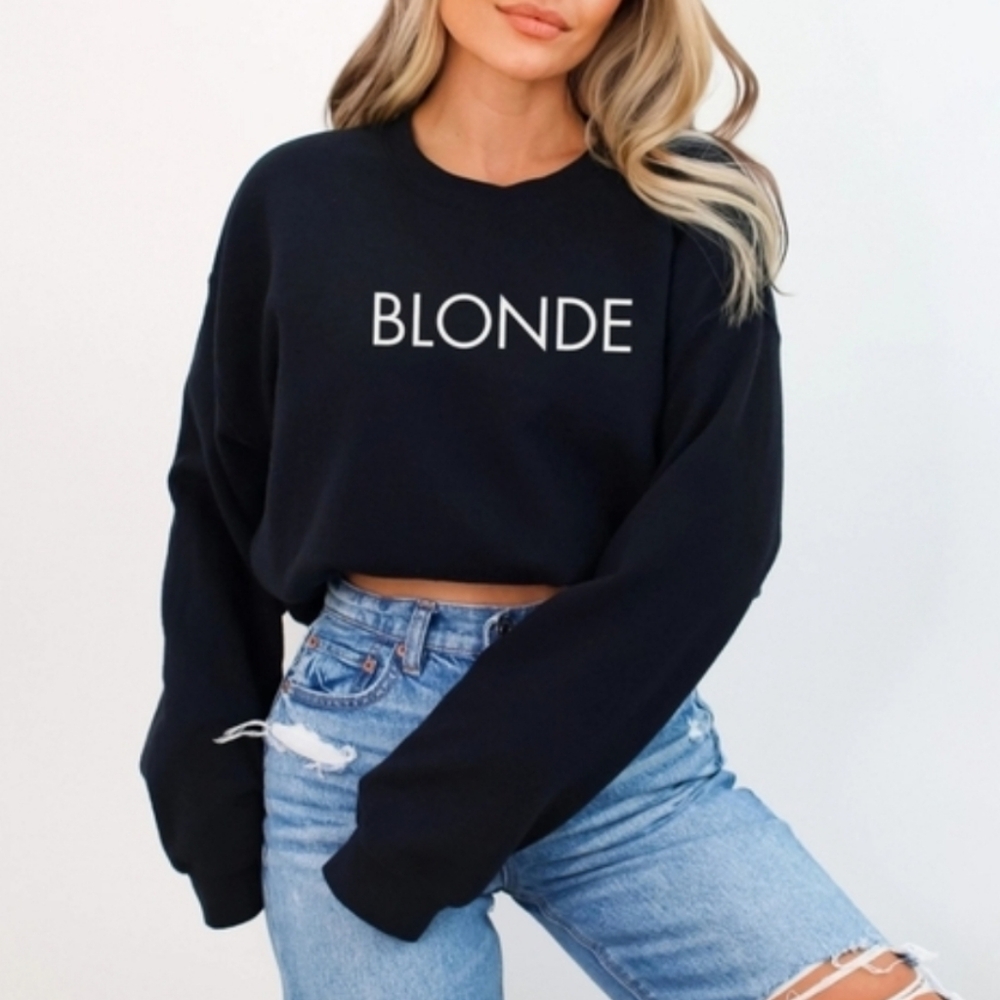 Brunette The Label BLONDE Black Crop Crewneck Sweatshirt, Size XS/S ~ EUC